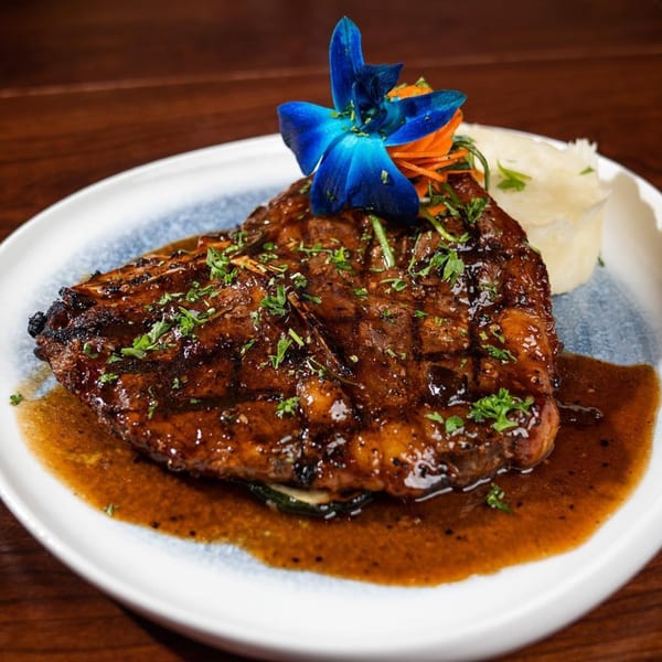 Grilled Latin-American steak with sauce, garnished with a blue orchid, shredded carrots, and mashed potatoes.