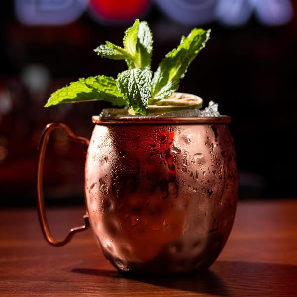 A cold, condensation-covered copper mug with mint and lime slices on a dark wooden table.